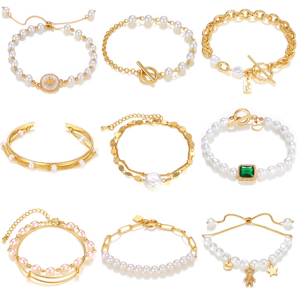 พร้อมส่ง สร้อยข้อมือ ประดับไข่มุก และเพชร หลายชั้น เครื่องประดับแฟชั่น สไตล์พังก์ ยุโรป และสหรัฐอเมริกา