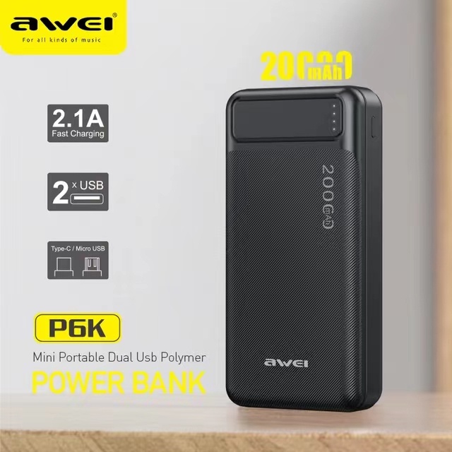 Awei พาวเวอร์แบงค์ 20000mAh พอร์ต USB คู่ Micro USB และ Type C ชาร์จเร็ว(P6K)