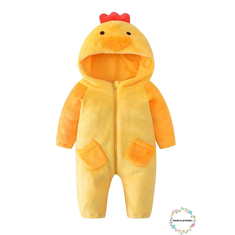 Babyclothes- ชุดจั๊มสูทรอมเปอร์ แขนยาว มีฮู้ด ลายการ์ตูนไก่ มีซิป สําหรับเด็กทารก