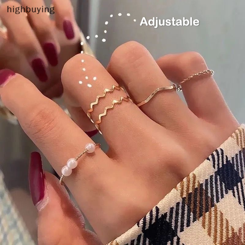 [highbuying] 5 ชิ้น สไตล์เกาหลี เรียบง่าย มุก หยัก รูปร่างรวมกัน แหวนนิ้ว ชุดเปิด ปรับได้ แหวน สําหรับผู้หญิง พังก์ แฟชั่น เครื่องประดับใหม่ พร้อมส่ง