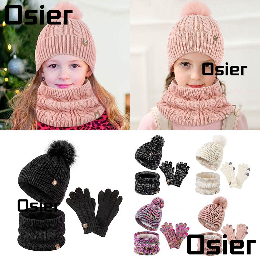 Osier1 หมวกบีนนี่ ผ้าพันคอ ผ้าถัก ประดับปอมปอม ให้ความอบอุ่น แฟชั่นฤดูหนาว สําหรับเด็กผู้หญิง