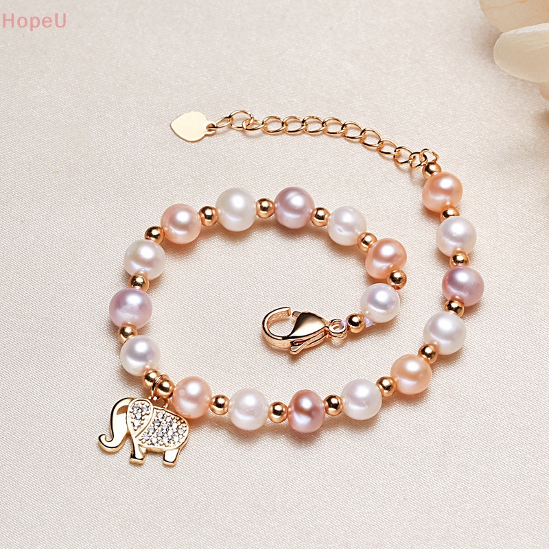 [HopeU] สร้อยข้อมือ ประดับเพทาย ไข่มุก รูปช้างน่ารัก ปรับได้ เครื่องประดับเจ้าสาว สําหรับผู้หญิง