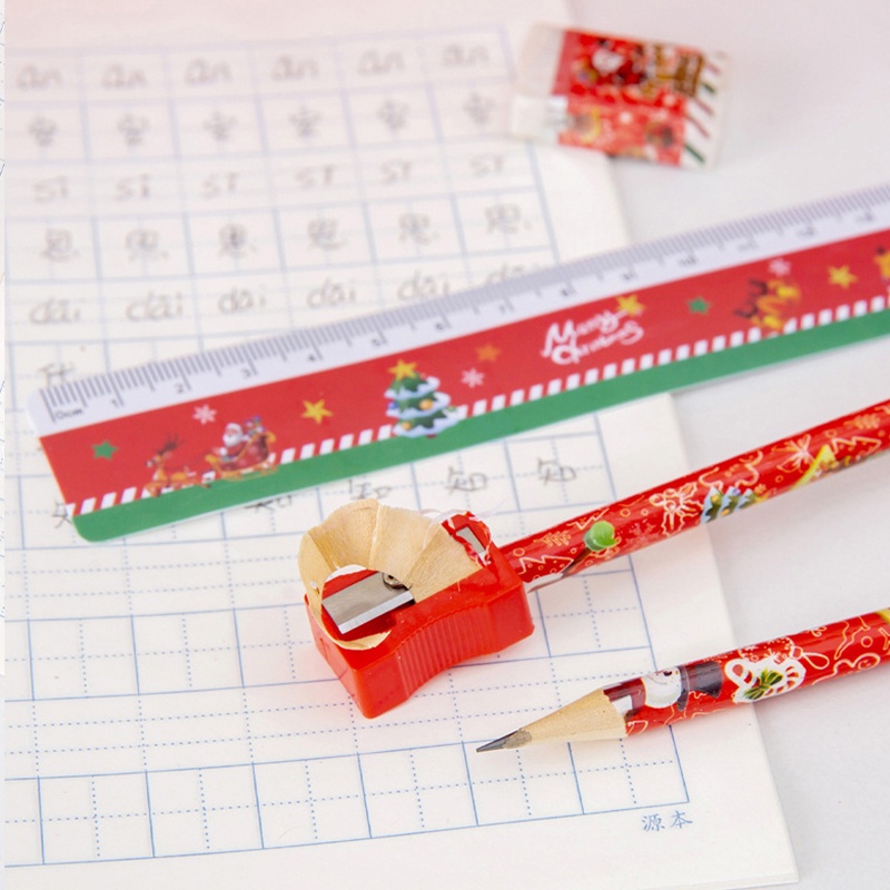 ชุดเครื่องเขียน ไม้บรรทัด ดินสอ ยางลบ ลายการ์ตูนคริสต์มาส แบบพกพา สําหรับเด็กนักเรียน 6 ชิ้น