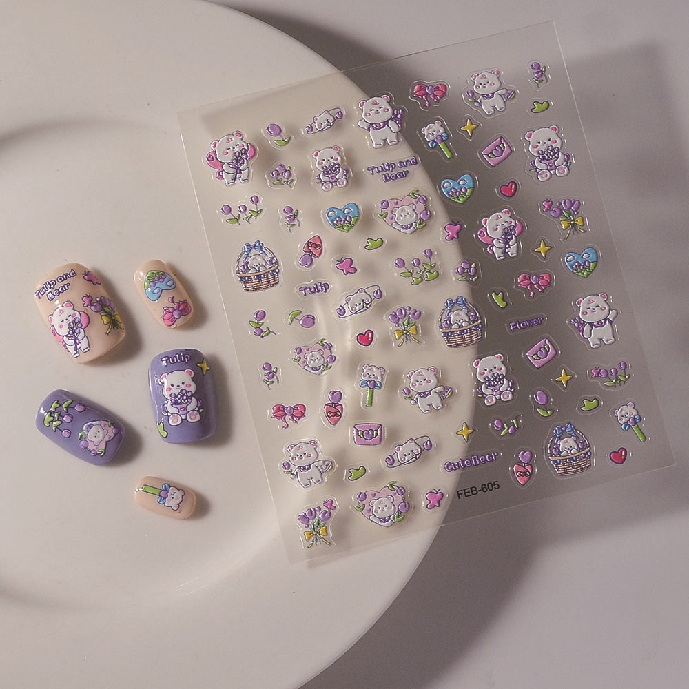 สติกเกอร์ตกแต่งเล็บ ลายหมี 3D ลายดอกไม้ สีม่วง