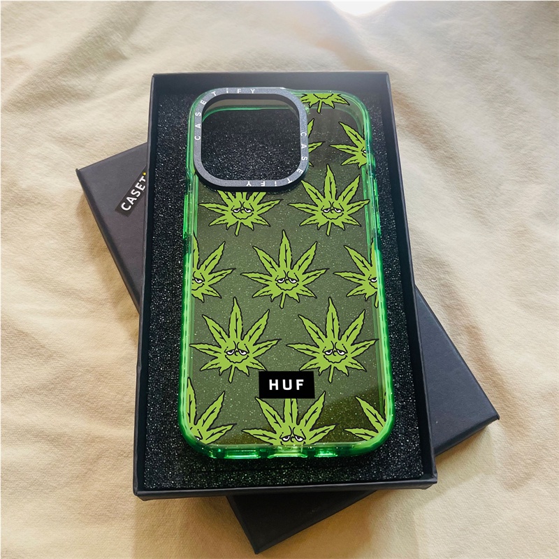 Casetify X HUF เคสโทรศัพท์มือถืออะคริลิค TPU แข็ง ปิดด้านหลัง ขอบสีเขียว ม่วง ฟ้า เขียว พร้อมกล่อง สําหรับ Apple IPhone 12 13 14 15 Pro Max