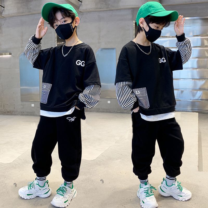 3-12ปีเด็กเด็กชายฤดูใบไม้ผลิฤดูใบไม้ร่วงเสื้อผ้าชุดสีดําเย็นgg ตัวอักษรเท็จ2ชิ้นเสื้อกันหนาวกางเกงวิ่งออกกําลังกาย