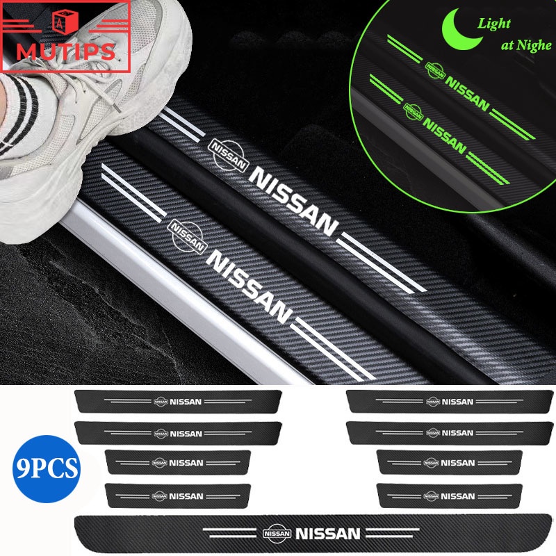 Nissan 9 ชิ้น/ชุด รถยนต์ ไฟเบอร์เรืองแสง สติกเกอร์คาร์บอน สติกเกอร์​ กันรอยชายบันได ธรณีประตู แถบ ป้องกัน Kicks 2022 Note Almera Terra Navara nismo xtrail t32 t33 March Teana Leaf Juke Sylphy