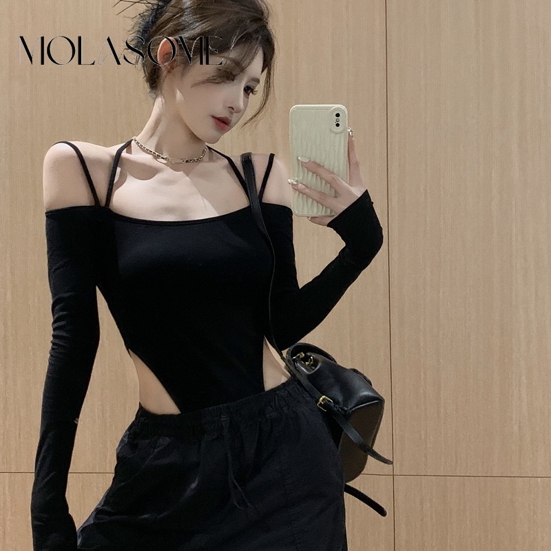 Molasome ชุดบอดี้สูทลําลอง แขนยาว คอปาด ทรงสลิมฟิต สีพื้น สําหรับผู้หญิง 2023