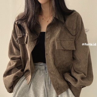 Jaket Corduroy Wanita Outer Crop Jacket Hitam Korean Retro Style Vintage Pakaian Wanita