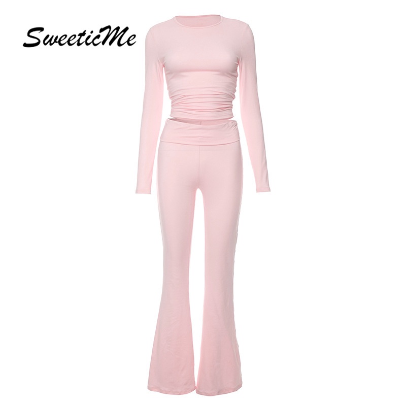 Sweeticme ใหม่ ชุดเสื้อแขนยาว คอกลม และกางเกงลําลอง เอวสูง เข้ารูป สีพื้น แฟชั่นสําหรับสตรี 2023