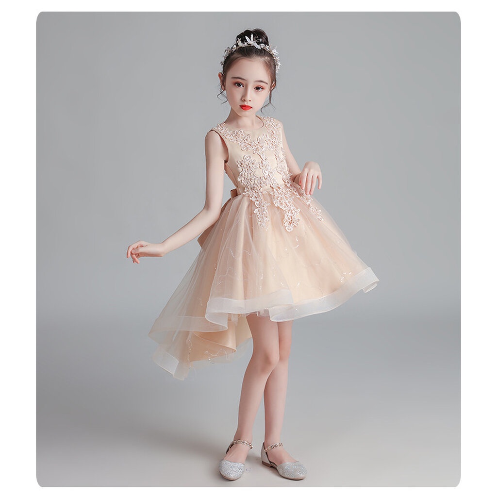 Gd3997- พร้อมส่งจากไทย ชุดออกงานเด็กหญิงสีครีม ลูกไม้สวยกระโปรงฟรุ้งฟริ้ง ชุดราตรีเด็กทรงหน้าสั้น-หลังยาวแบบบเดรสหางป...