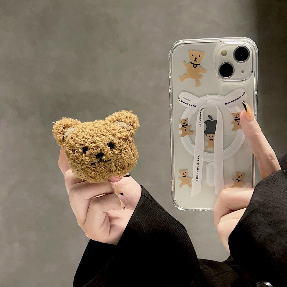 เคสโทรศัพท์มือถือ ซิลิโคนนิ่ม TPU ใส แต่งตุ๊กตาหมีน่ารัก พร้อมที่ชาร์จแม่เหล็ก สําหรับ iPhone 15 13 12 11 14 Pro Max