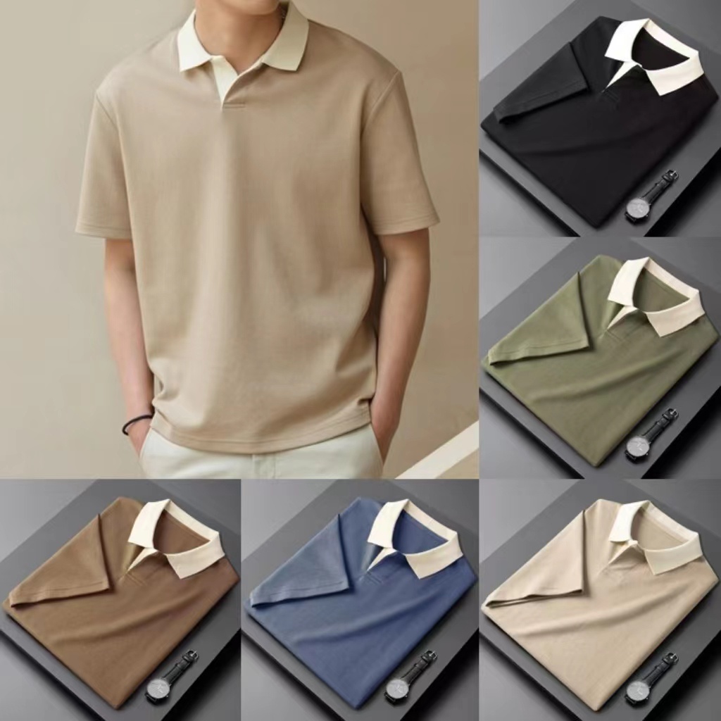 เสื้อโปโลลําลอง คอปก แขนห้าส่วน แบบบาง ทรงหลวม สีขาว แฟชั่นยอดนิยม สไตล์เกาหลี สําหรับผู้ชาย