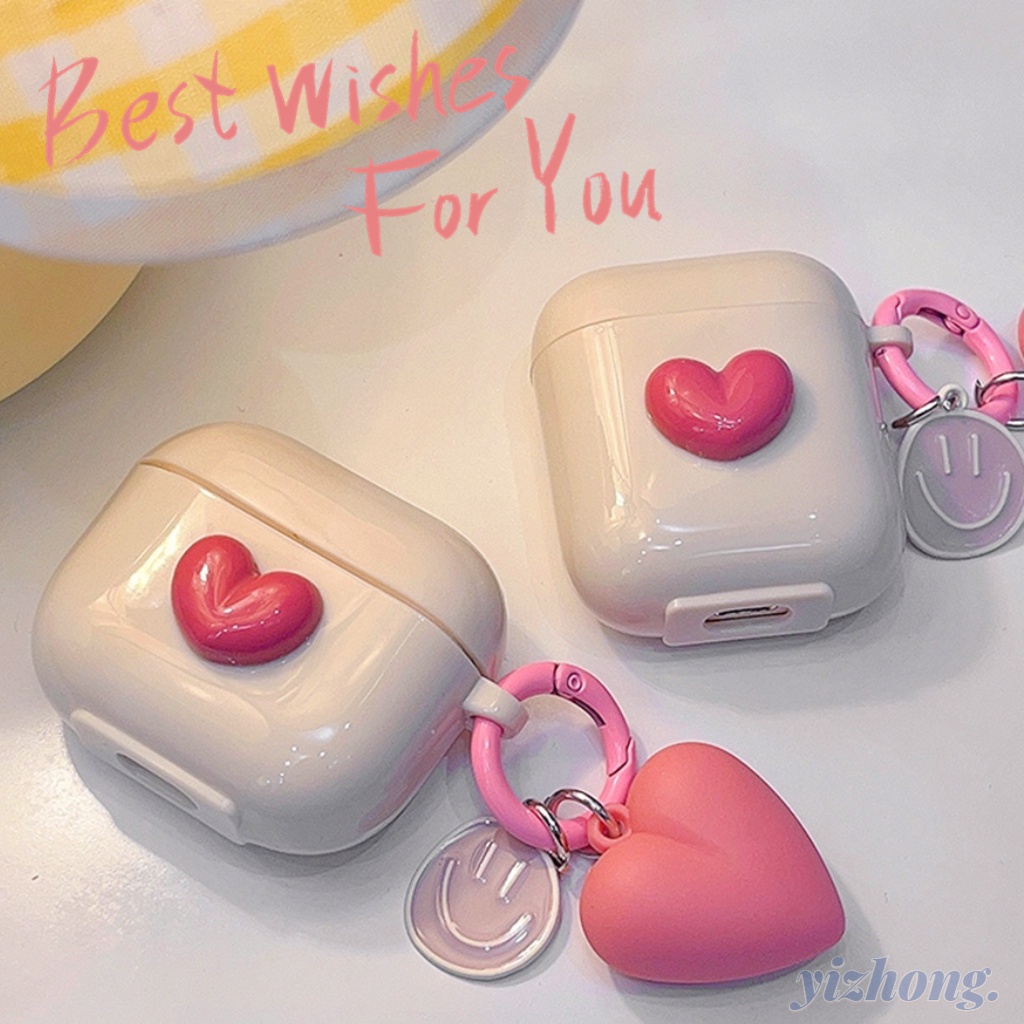 ปลอกสําหรับ แอร์พอด 4 มือโปร 3 2 1 ของผู้หญิง หวานสีชมพูหัวใจรักตกแต่งสีเบจนุ่ม ทีพียู หูฟังกรณีหูฟังปกกับป้องกันการสูญหายยิ้มใบหน้าจี้ชุดหูฟังไร้สายเปลือกป้องก