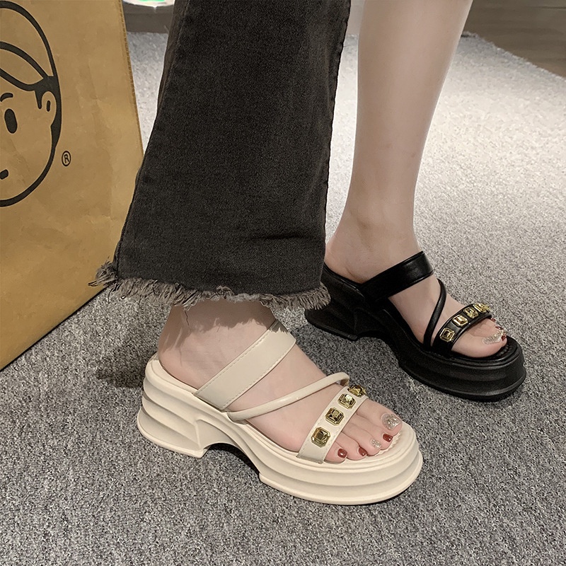 Chic Stroll รองเท้าแตะแฟชั่นผู้หญิง ตกแต่งเพชร รองเท้าส้นตึก เปิดปลายเท้า ระบายอากาศ สไตล์โรมัน เหมาะกับเดินชายหาดกลางแจ้ง