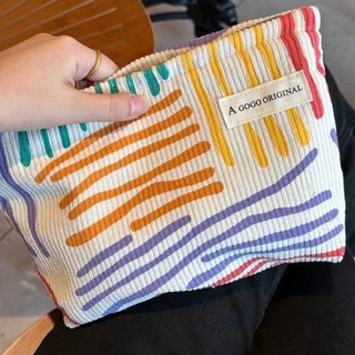 Tonfashion กระเป๋าเครื่องสําอาง ผ้าลูกฟูก ลายทาง แฟชั่นสําหรับผู้หญิง