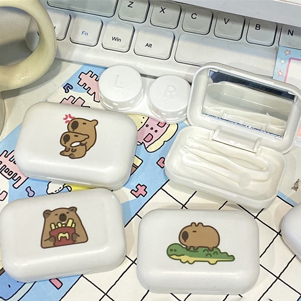 3-in-1 กล่องเก็บคอนแทคเลนส์ ลายการ์ตูน พร้อมกระจก แบบพกพา สีพื้น อุปกรณ์เสริม