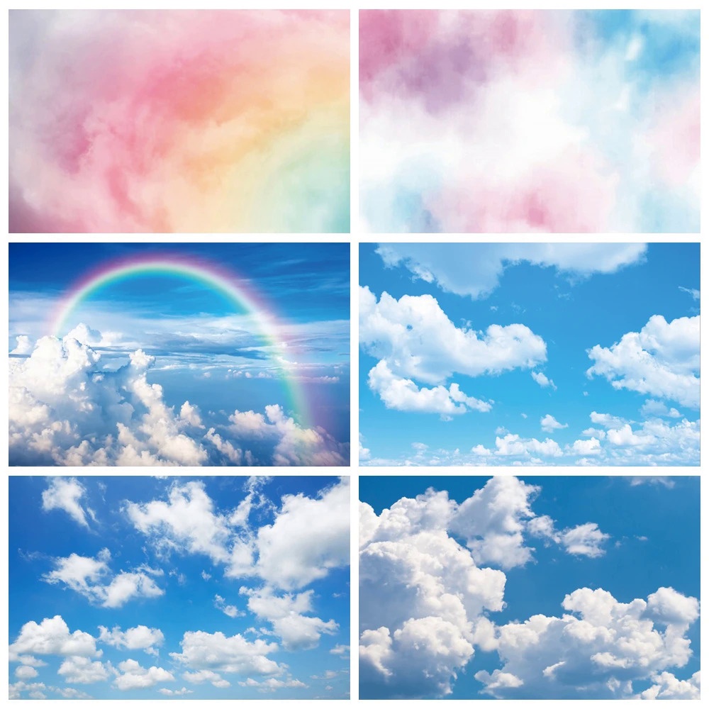 Gradient Rainbow Cloud Photography Backdrops Blue Sky White Cloud Baby Shower Birthday Party Decor Background For Photo