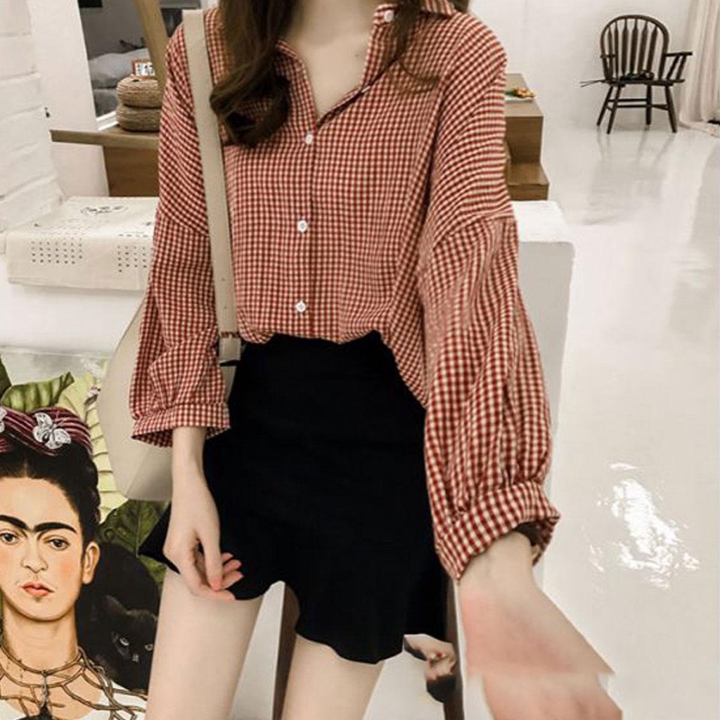 Grace เสื้อเชิ้ตแขนยาว ลายสก๊อต สีแดง สไตล์ฮ่องกง วินเทจ แฟชั่นฤดูใบไม้ร่วง สําหรับผู้หญิง W287