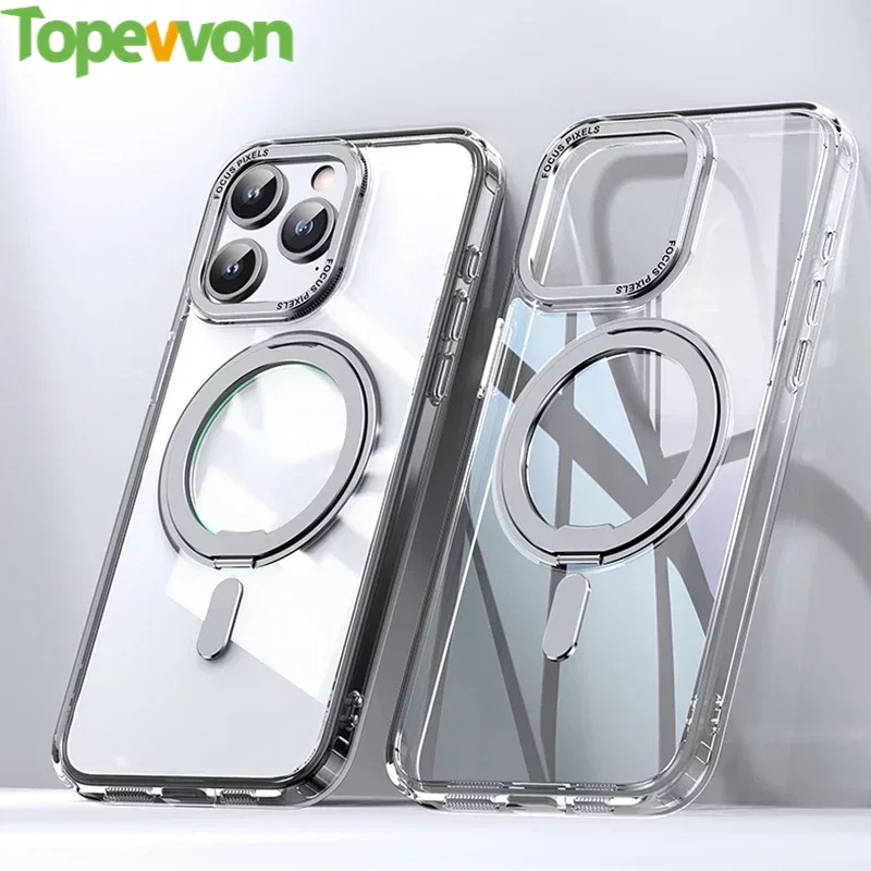 แม่เหล็ก360° ขาตั้งหมุนได้เคสโทรศัพท์สําหรับ iPhone 16 15 14 13 12 11 Pro Max Plus Magsafe ที่วางแหวนฝาครอบเคลือบโปร่งใส