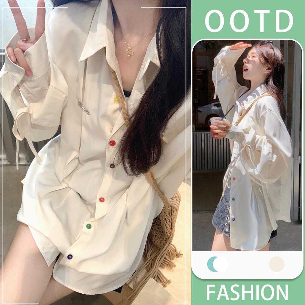 KOKO W292 เสื้อเชิ้ตแขนยาวหวานน่ารักผู้หญิง แฟชั่น สไตล์เกาหลี โอเวอร์ไซส์ ปุ่มสีสันสดใส หลวม เสื้อกันแดดความยาวปานกลาง