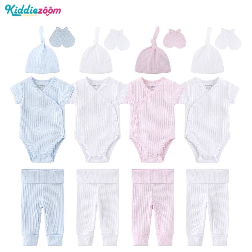 Kiddiezoom ชุดจั๊มสูทรอมเปอร์ แขนสั้น สีพื้น พร้อมหมวกผูกปม 2 ชิ้น ถุงมือ 2 ชิ้น เสื้อผ้าเด็กแรกเกิด 2 ชิ้น ของขวัญ เต็มดวงจันทร์ สําหรับเด็กผู้ชาย ผู้หญิง 8 ชิ้น