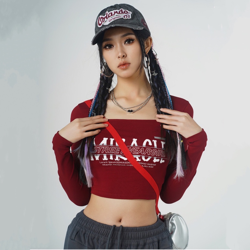 Bh เสื้อยืดครอป แขนยาว คอสี่เหลี่ยม ผ้าฝ้าย พิมพ์ลายตัวอักษร ทรงสลิมฟิต แฟชั่นฤดูใบไม้ผลิ สําหรับผู้หญิง