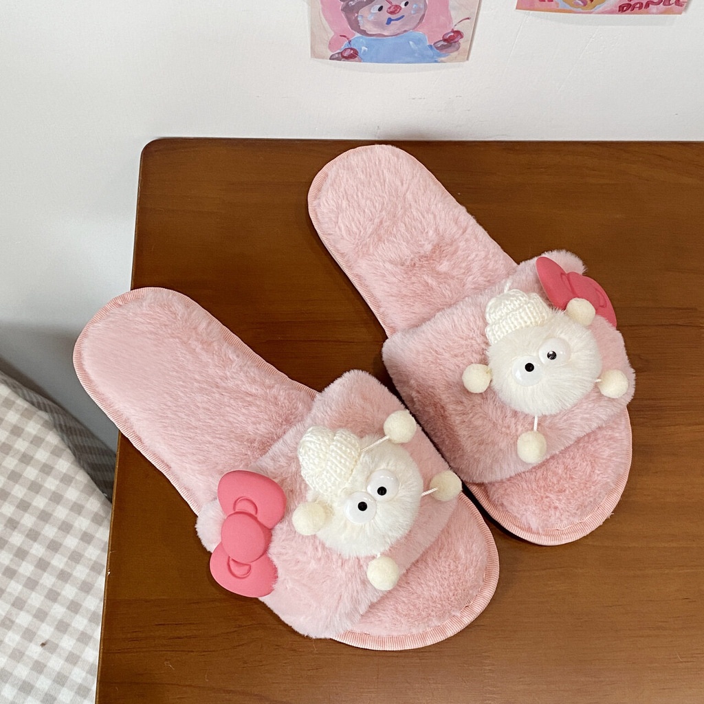 🎀สินค้าใหม่🎀(SH-1-23) รองเท้าสลิปเปอร์ รองเท้าแตะใส่ในบ้าน ผ้าขนนุ่มใส่สบาย แต่งตุ๊กตาโบว์ชมพูน่าร