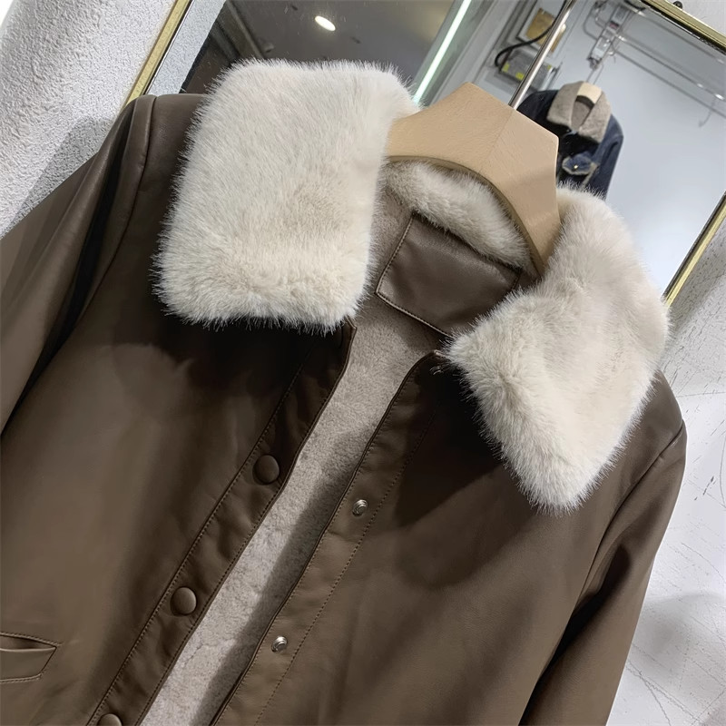 ขนแกะแจ็คเก็ตหนังผู้หญิงแจ็คเก็ตหนา 2025 ฤดูใบไม้ผลิและฤดูใบไม้ร่วงใหม่ปกขนใหญ่สั้นด้านบน - รูปที่ 5