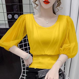 เสื้อยืดแขนสั้น ผ้าถัก ผ้าตาข่าย แขนพัฟ สองชิ้น สําหรับผู้หญิง