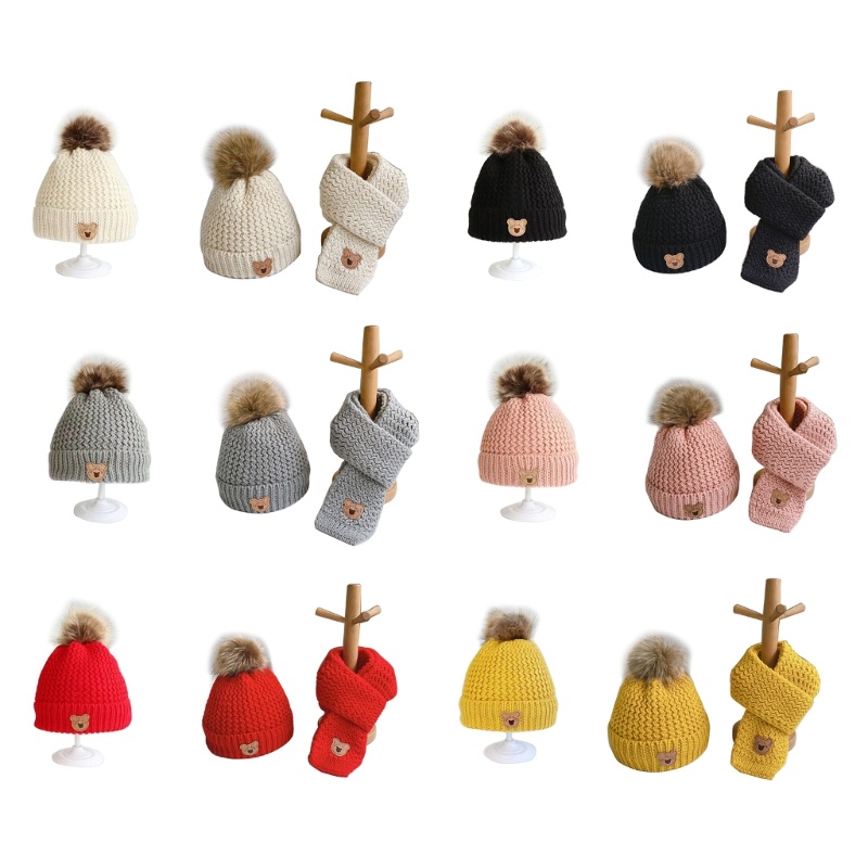 Omg* หมวกบีนนี่ ผ้าพันคอ ผ้าถัก ลายหมีน้อยน่ารัก ให้ความอบอุ่น แฟชั่นฤดูหนาว สําหรับเด็ก