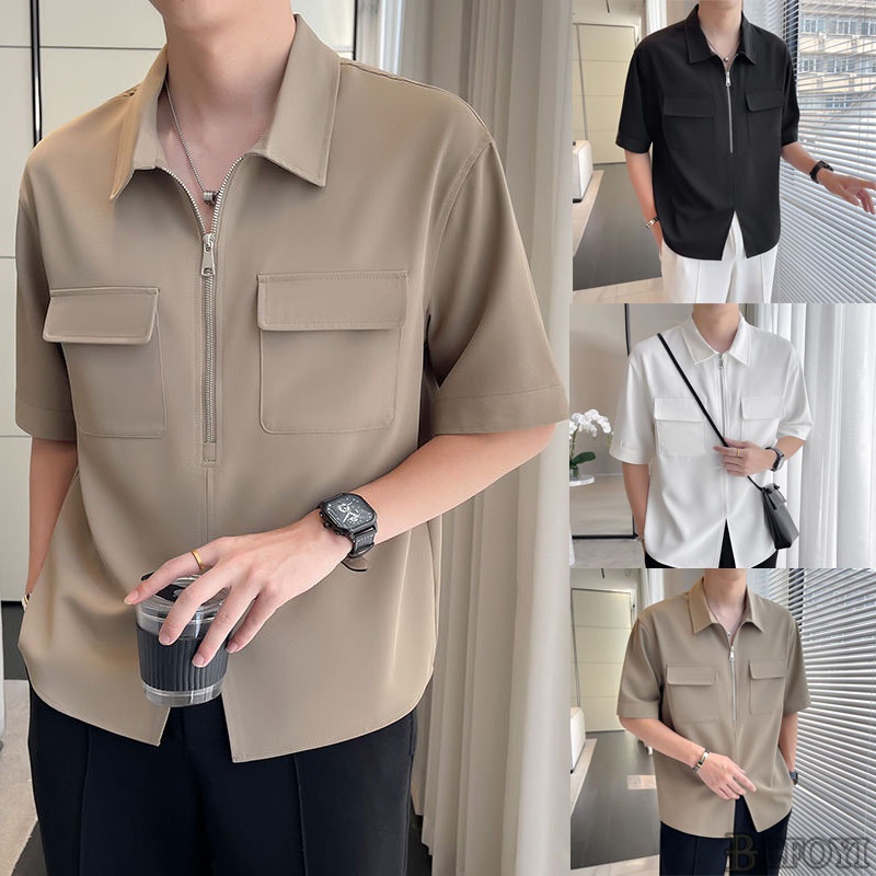 เสื้อเชิ้ตแขนสั้นลําลอง คอปก มีซิป ทรงหลวม เข้ากับทุกการแต่งกาย สไตล์เกาหลี สําหรับผู้ชาย dtt01
