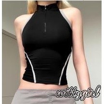 Witty- เสื้อครอปท็อป แขนกุด คอเป็ด มีซิปด้านหลัง สีตัดกัน พอดีตัว สําหรับผู้หญิง