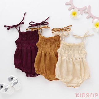 Kidsup1- ชุดรอมเปอร์ จั๊มสูท แขนกุด ผ้าฝ้าย แบบผูกเชือก ยืดหยุ่น สีพื้น ฤดูร้อน สําหรับเด็กทารกผู้หญิง