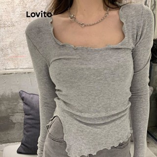 Lovito เสื้อยืดลําลอง ผ้าถัก ทรงอสมมาตร แบบเรียบ สําหรับผู้หญิง LNE24219 (สีเทา)