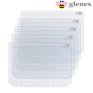 Glenes ซองใส่เงินสด PVC แบบใส ขนาด A5 A6 6 รู กันน้ํา พร้อมซิปโลหะ 6 ห่วง สําหรับจัดเก็บเอกสาร โน้ตบุ๊ก 5 ชิ้น