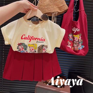 Aiyaya เสื้อผ้าเด็กผู้หญิง เสื้อยืดพิมพ์ลายการ์ตูน+กระโปรงอัดพลีท ชุดเซ็ต2ชิ้น ชุดเซ็ทเด็กผู้หญิง ชุดเเฟชั่นสำหรับเด็ก (843)