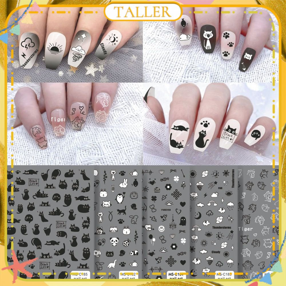 Ready Stcok พบกับเล็บหวานสไตล์ญี่ปุ่นสติกเกอร์ติดเล็บสีดำและสีขาวดอกไม้แพนด้าถ่านหินลูกแมวน่ารักสติกเกอร์สัตว์เลี้ยงเล็บอุปกรณ์ตกแต่งเล็บสำหรับร้านเล็บสูง