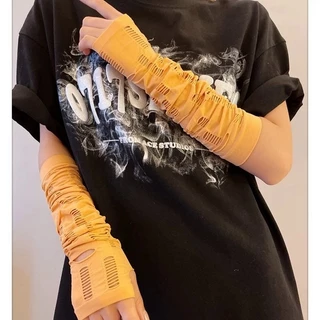 ถุงมือ ผ้าเรยอน ฉีกขาด สไตล์พังก์ โกธิค โลลิต้า ไร้นิ้วมือ สีเข้ม แฟชั่นนินจา สําหรับผู้หญิง