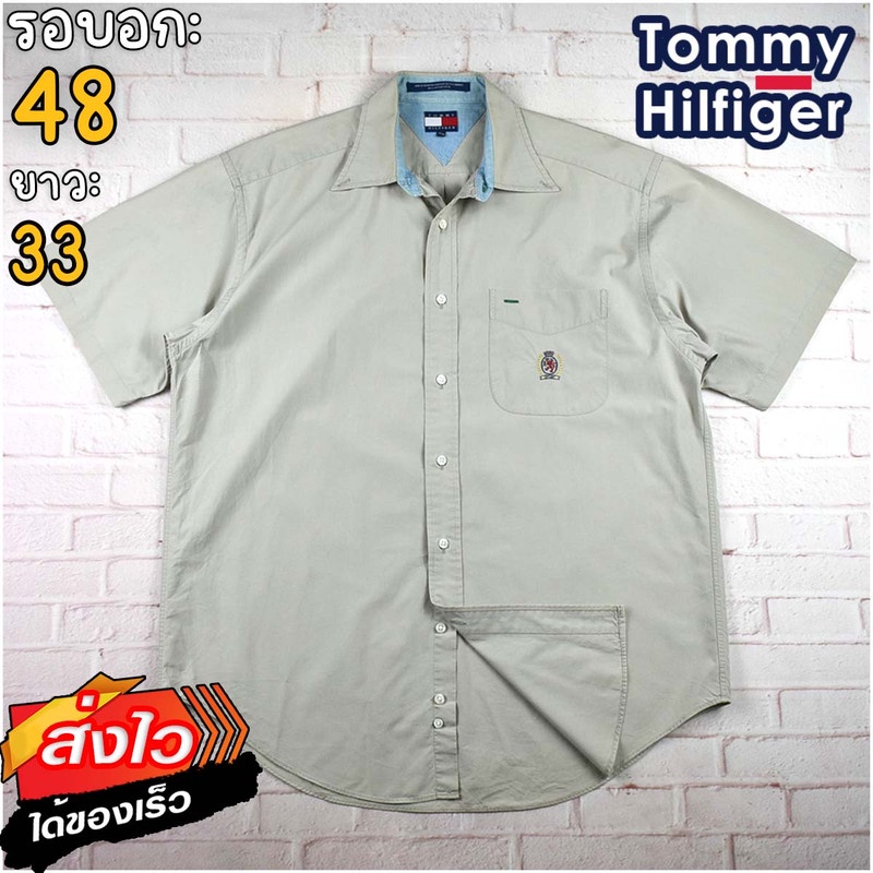 Tommy Hilfiger®แท้ อก 48 เสื้อเชิ้ตผู้ชาย ทอมมี่ ฮิลฟิกเกอร์ สีกากี แขนสั้น เนื้อผ้าดี