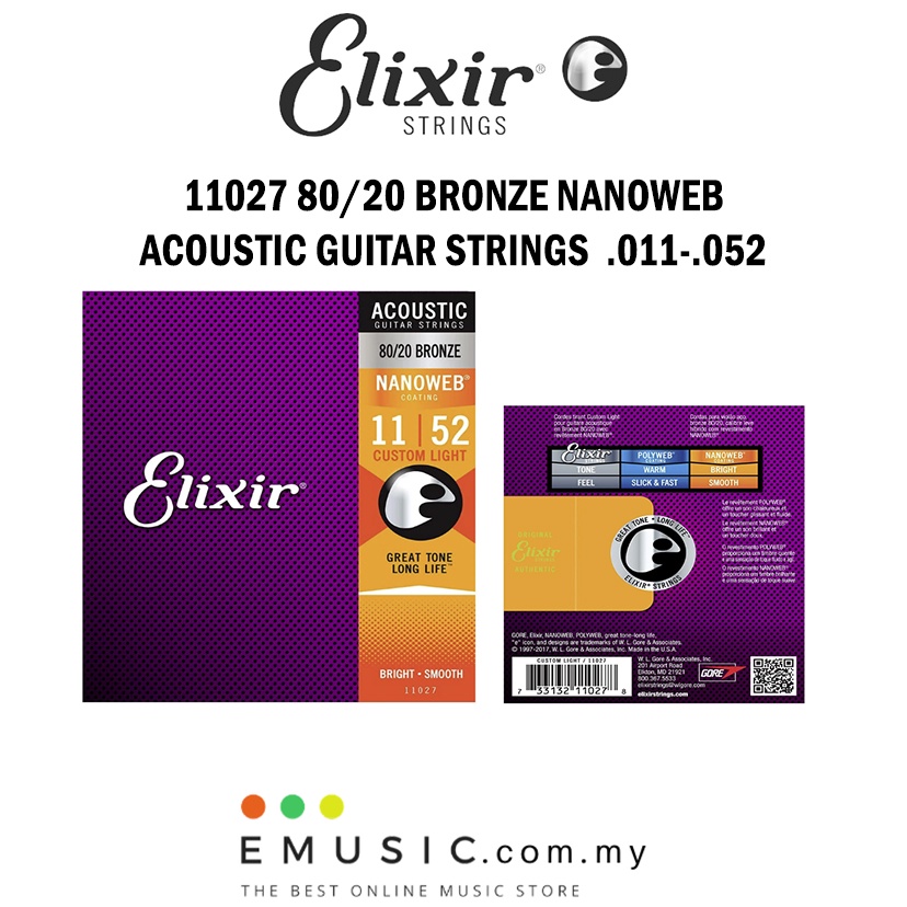 สาย Elixir 11027 80/20 สายกีต้าร์โปร่ง Bronze Nanoweb 11-52 (Elixir 11027)