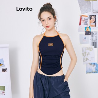 Lovito เสื้อกล้าม จับจีบ สีพื้น แต่งเทป งานปะติด สไตล์เพร็พพี่ สำหรับผู้หญิง L59ED028 (สีน้ำเงินกรมท่า)