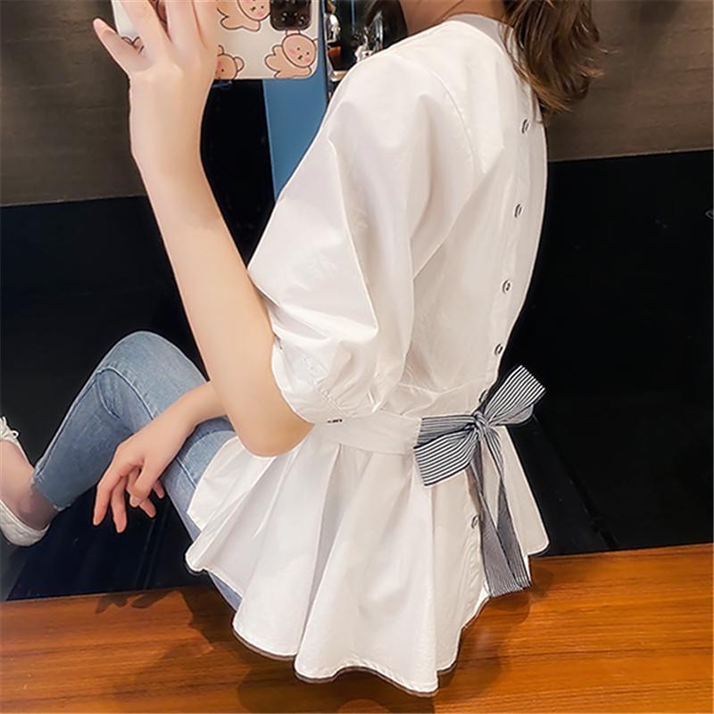 เสื้อเชิ้ตแขนสั้น เข้ารูป ประดับโบว์ สไตล์เกาหลี สําหรับผู้หญิง