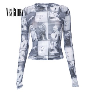 Vesglory เสื้อครอปท็อปแขนยาว คอกลม ทรงสลิมฟิต พิมพ์ลาย สีคอนทราสต์ แฟชั่นสําหรับผู้หญิง 2023