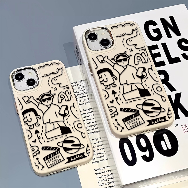 เคสโทรศัพท์มือถือ ซิลิโคนนุ่ม กันกระแทก ลายกราฟฟิตี้ เด็กผู้หญิง ปุ่มโลหะ สําหรับ IPhone 15 14 13 12 11 Pro Max XS X XR 8 + 7 Plus