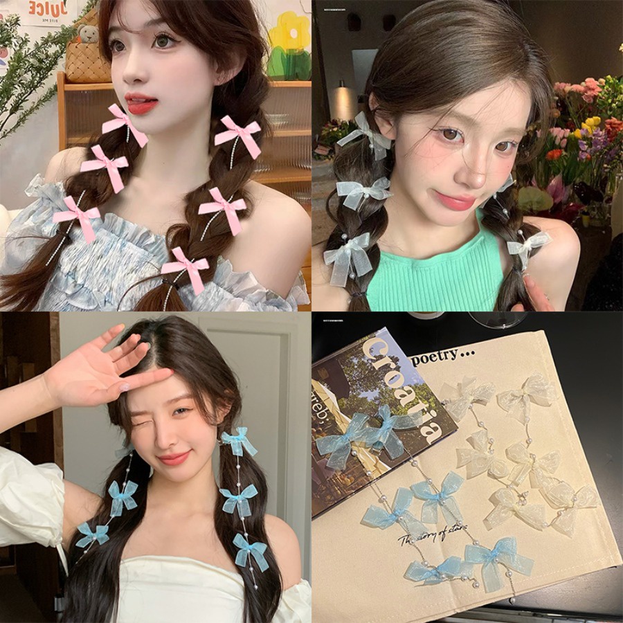 2 ชิ้น/เซ็ตตาข่ายโบว์โซ่กิ๊บติดผม Rhinestone Pearl Sweet Hairpin ผู้หญิงอุปกรณ์เสริมผม