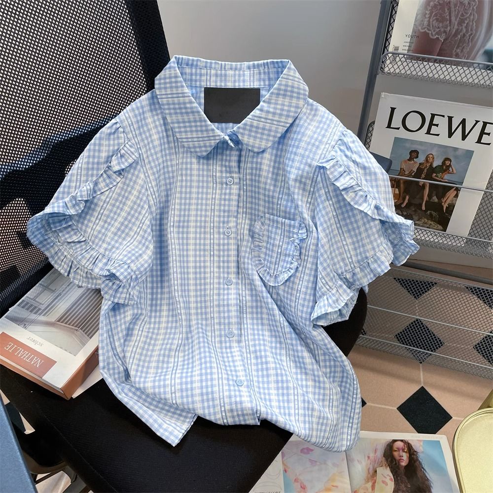 เสื้อเชิ้ตแขนพัฟ ลายสก๊อต ขนาดเล็ก สไตล์ญี่ปุ่น ฝรั่งเศส เรโทร เหมาะกับฤดูร้อน สําหรับผู้หญิง