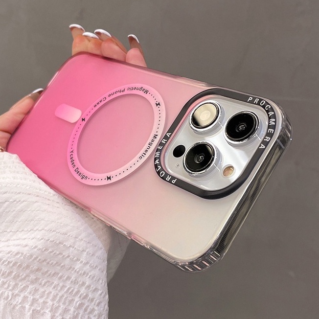 【สีส้ม ฟ้า ชมพู ไล่โทนสี เครื่องบินด้านหลัง เคลือบแม่เหล็ก】เคสขอบใส สําหรับ iPhone 15 14 13 12 11 Pro Max 13 Mini 12 Mini