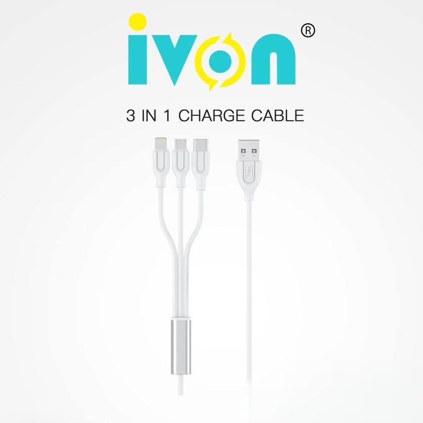 Ivon สายเคเบิลข้อมูล USB 3IN1 2.4A ชาร์จเร็ว 6 เส้น ทนทาน สําหรับ iPhone Micro Type-C Android IOS