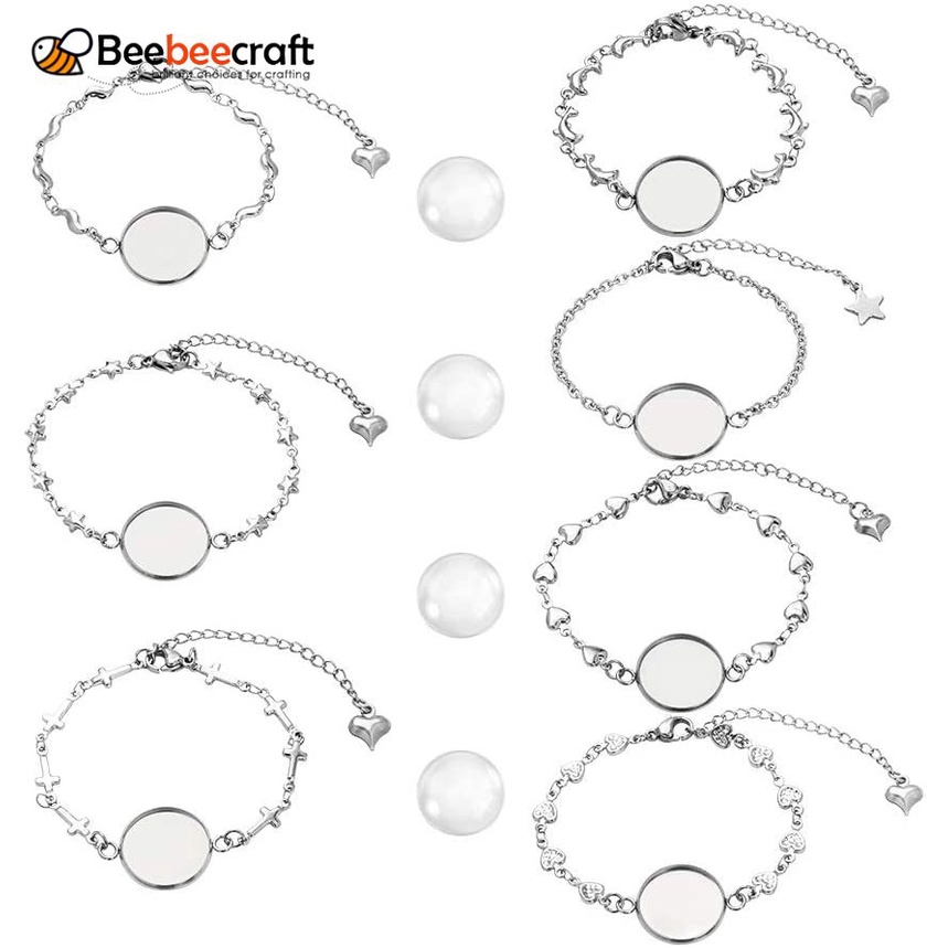 กรอบสร้อยข้อมือ สเตนเลส 304 ทรงกลม แบน 16 มม. 14 ชิ้น และถาดเปล่า 14 ชิ้น สําหรับทําเครื่องประดับ DIY 28 ชิ้น 1 กล่อง